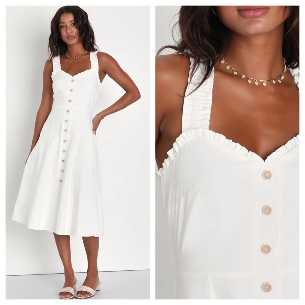 NEW Lulus Italian Romance White Ruffled A-Line Midi Dress With Pockets Womens XL
